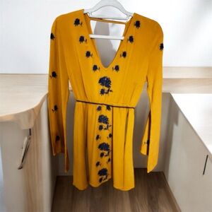 Forever 21 Boho Mustard Color Floral Embroidered Mini Dress, Size Large